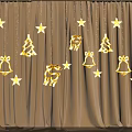 Festive Decorative Lights with Golden Stars Christmas Trees Bells Deer Shapes on Brown Curtain Background