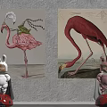 Colorful Flamingo Animal Paintings With Feather Plant Decor And Rabbit Dolls On Gray Wall