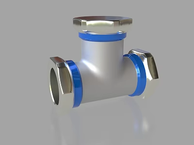 Silver Metal Pipe Tee Fitting With Blue Rings And Hexagonal Top Design 3d model