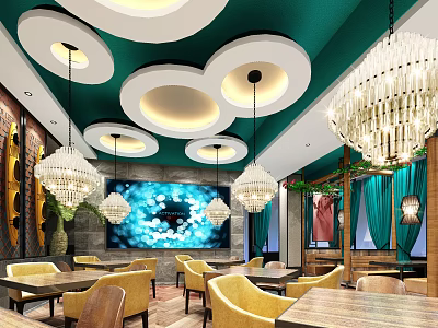 Restaurant Interior Design With Green Walls Circular Ceiling Lights Crystal Chandeliers Yellow Chairs Wooden Tables 3d model