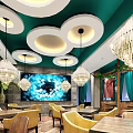 Restaurant Interior Design With Green Walls Circular Ceiling Lights Crystal Chandeliers Yellow Chairs Wooden Tables