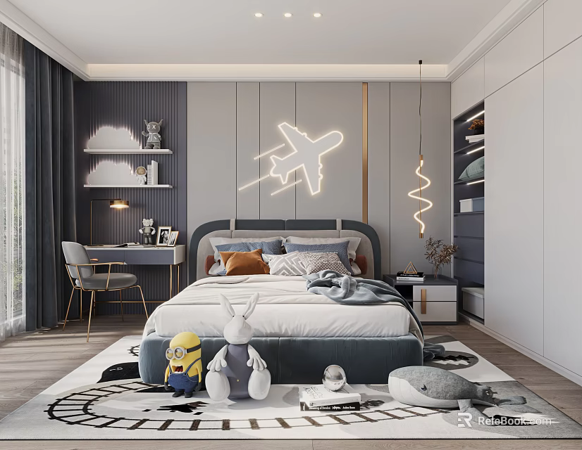 Cozy Kids Room With Airplane Neon Light Stuffed Toys Cloud Shelf And Playful Rug 3d model 