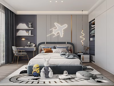 Cozy Kids Room With Airplane Neon Light Stuffed Toys Cloud Shelf And Playful Rug 3d model