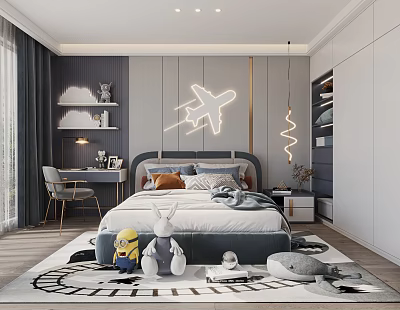 Cozy Kids Room With Airplane Neon Light Stuffed Toys Cloud Shelf And Playful Rug 3d model