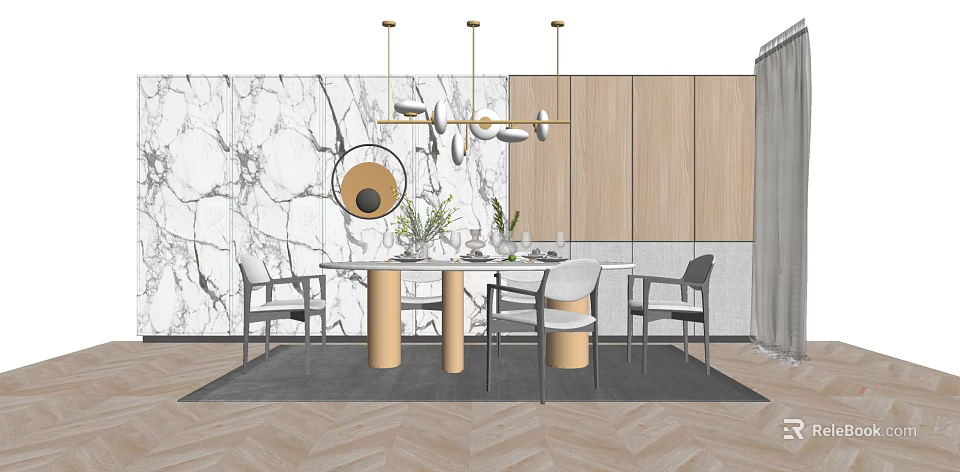 Modern Dining Table Set With Chairs Pendant Lights Marble Wall And Herringbone Floor 3d model