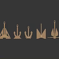 Copper Colored Metal Anchors In Various Shapes And Sizes On Black Reflective Surface