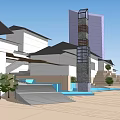 Modern Commercial Street With Colorful Buildings Green Trees And Open Plaza