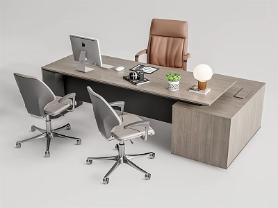 Wooden Office Desk With Computer Lamp Potted Plant Gray And Brown Chairs 3d model