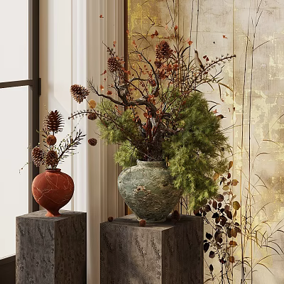 Red Terracotta And Green Stone Vases With Pinecones Pine Branches On Stone Pedestals 3d model