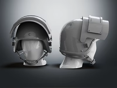 Tactical Military Helmets With Side Mounted Gear Displayed On Mannequin Heads Dual View 3d model