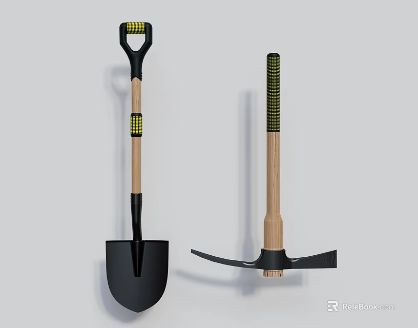 Durable Garden Hardware Tools Shovel And Pickaxe With Wooden Handles Black Heads 3d model 