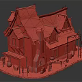 Medieval Style Cottage Model With Sloped Brown Tile Roof Stone Walls Chimney And Wooden Barrels
