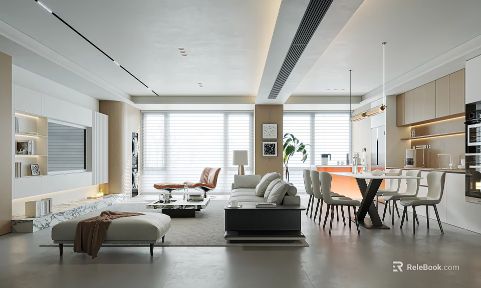 Modern Living and Dining Room with Sofa Coffee Table Dining Set and Pendant Lights 3d model 