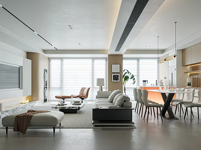 Modern Living and Dining Room with Sofa Coffee Table Dining Set and Pendant Lights 3d model