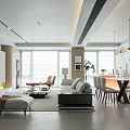 Modern Living and Dining Room with Sofa Coffee Table Dining Set and Pendant Lights