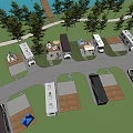 Garden Landscape Design with RV Camper Tent Outdoor Furniture Lawn and Trees