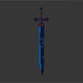 3D Rendered Medieval Sword With Blue Blade Red Accents And Cross Shaped Hilt