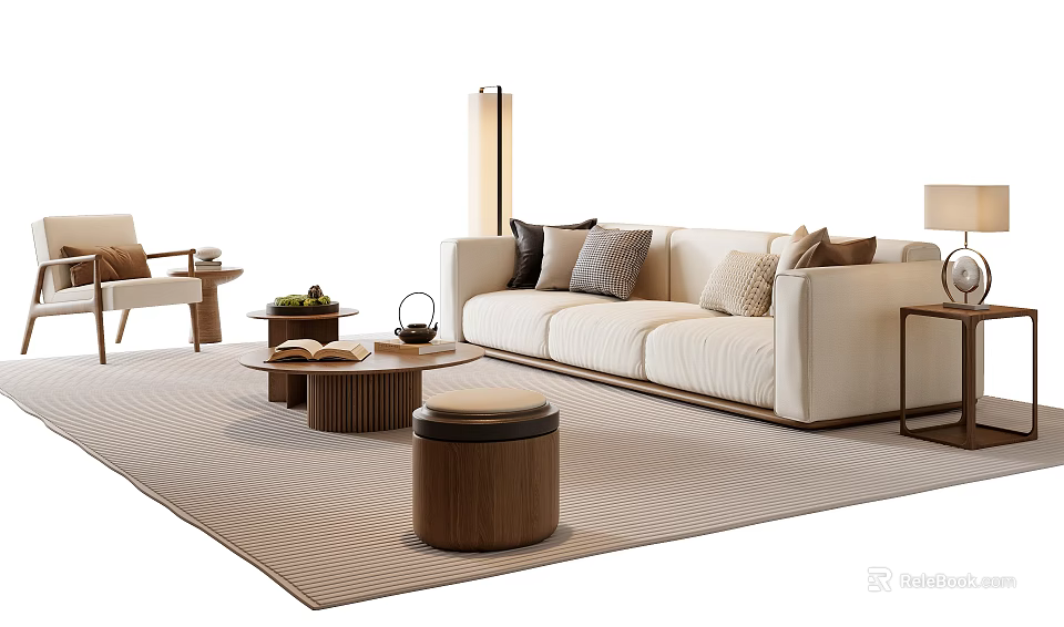 Modern Cozy Living Room Beige Sofa with Throw Pillows and Wooden Coffee Table Set 3d model 