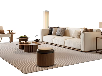 Modern Cozy Living Room Beige Sofa with Throw Pillows and Wooden Coffee Table Set 3d model
