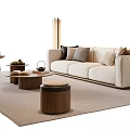 Modern Cozy Living Room Beige Sofa with Throw Pillows and Wooden Coffee Table Set
