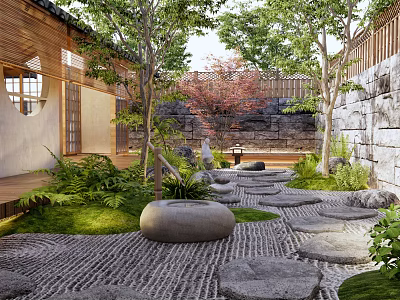 Traditional Japanese Karesansui Dry Landscape Garden With Stepping Stones Raked Sand And Moss 3d model