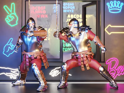 Armor Sculptures With Dynamic Poses Under Neon Lights In Modern Space 3d model