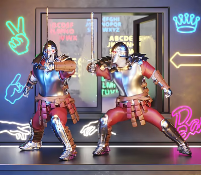 Armor Sculptures With Dynamic Poses Under Neon Lights In Modern Space 3d model