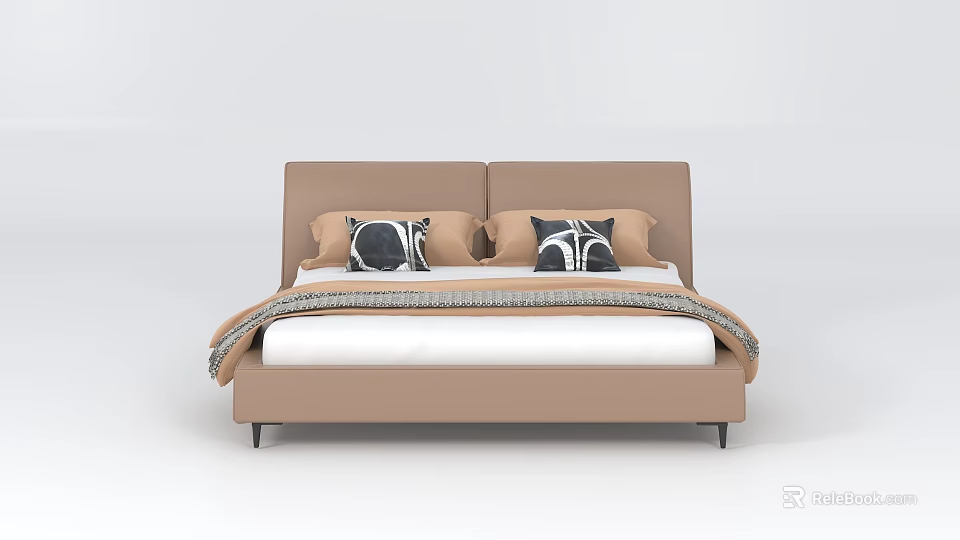 Modern Double Bed With Beige Headboard Black And White Patterned Pillows And White Bedding 3d model