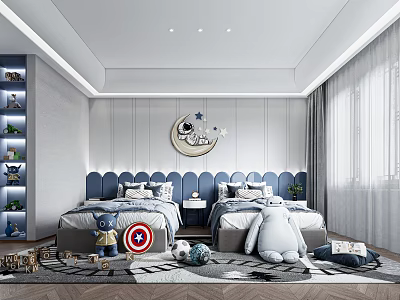 Modern Kids Room Interior With Two Beds Blue Headboards Round Wall Decor And Toys 3d model
