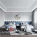 Modern Kids Room Interior With Two Beds Blue Headboards Round Wall Decor And Toys