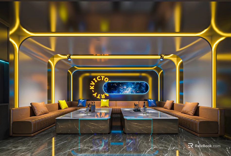 Luxury KTV Interior With Brown Sofas And Illuminated Coffee Tables 3d model 