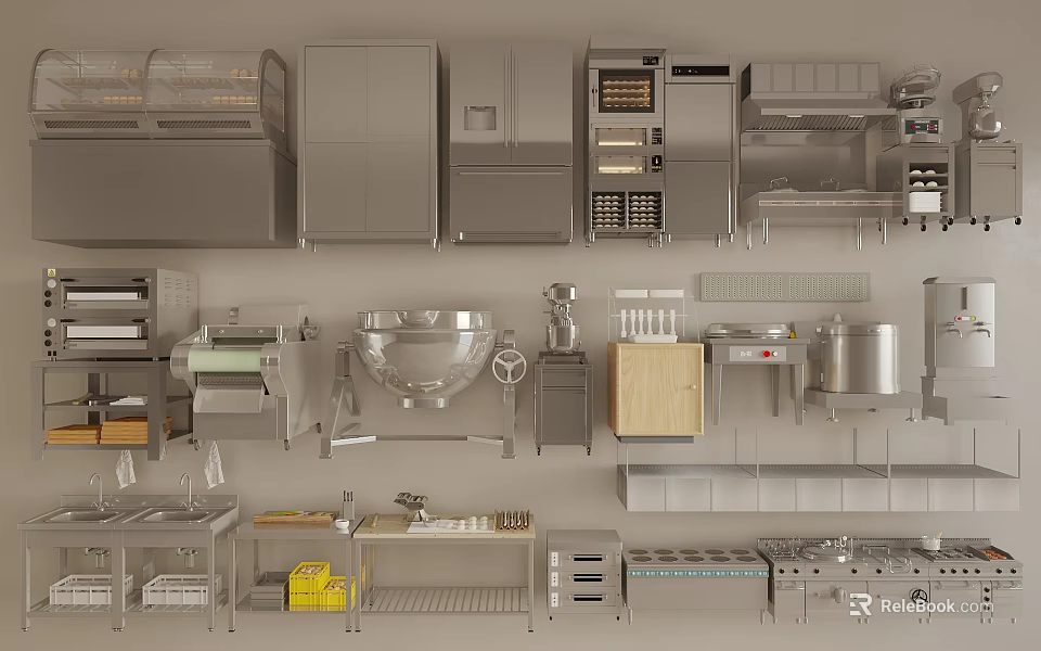 Modern Kitchen Appliances Display Featuring Refrigerators Ovens Blenders Worktables And Stainless Steel Cabinets 3d model 
