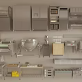 Modern Kitchen Appliances Display Featuring Refrigerators Ovens Blenders Worktables And Stainless Steel Cabinets