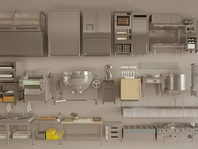 Modern Kitchen Appliances Display Featuring Refrigerators Ovens Blenders Worktables And Stainless Steel Cabinets 3d model