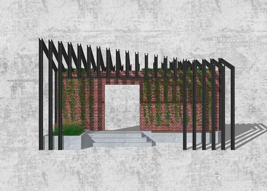 Modern Pergola with Black Frame Red Brick Wall Green Vines and Steps 3d model 