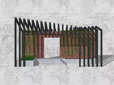 Modern Pergola with Black Frame Red Brick Wall Green Vines and Steps 3d model