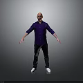 Bald Man In Purple Shirt Standing With Arms Outstretched On Gray Background