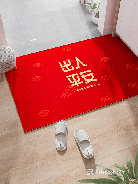 Modern White Shoe Cabinet with Red Peace Mat White Slippers and Light Wooden Floor 3d model 