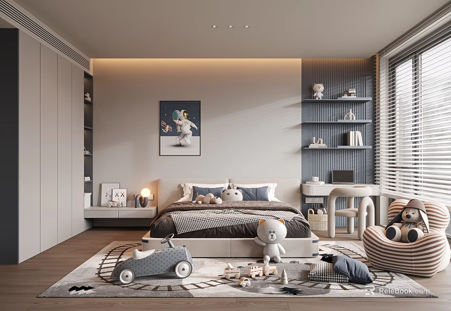 Kids Room Interior Design With Bed Bookshelves Toys Rug And Wall Art 3d model 
