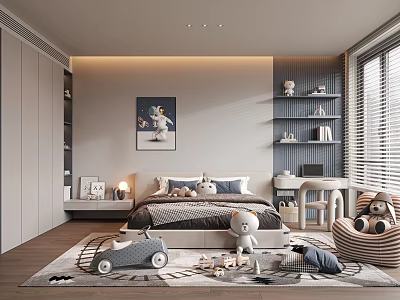 Kids Room Interior Design With Bed Bookshelves Toys Rug And Wall Art 3d model