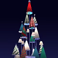 Colorful Cone Decorations Tower With Red Green White Striped Patterns And Illuminated Lights