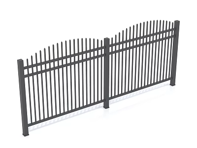 Black Metal Fence Structure With Vertical Slats And Support Posts 3d model
