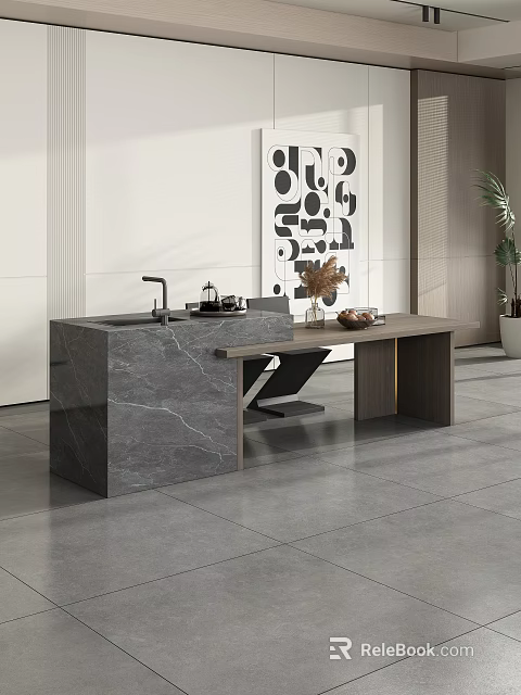 Modern Home Space With Marble Countertop Wooden Table And Decorative Elements 3d model