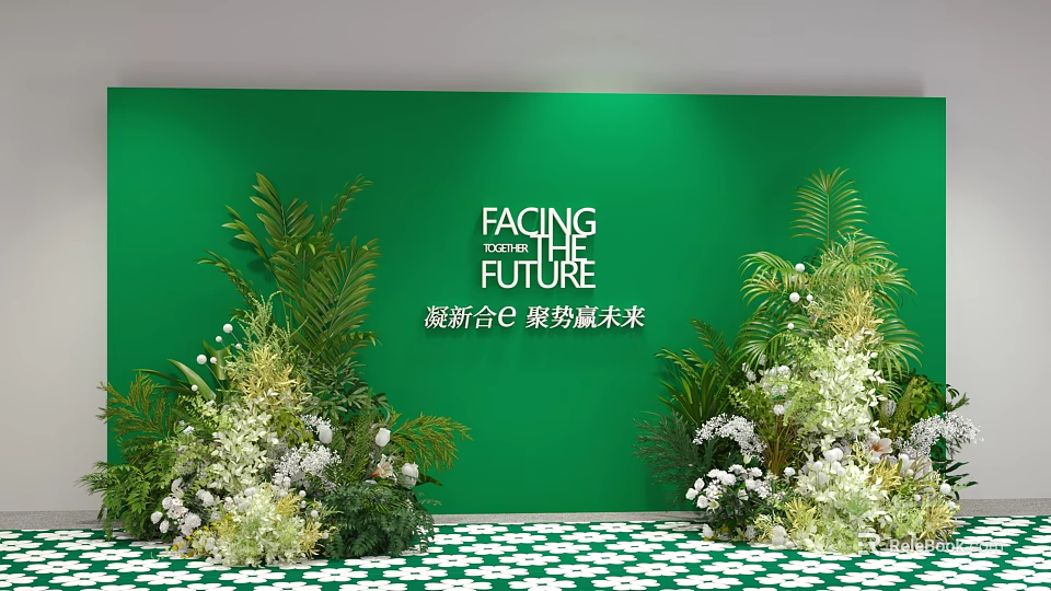 Floral Installation Design With Green Backdrop Wall White Flowers And Lush Greenery 3d model 