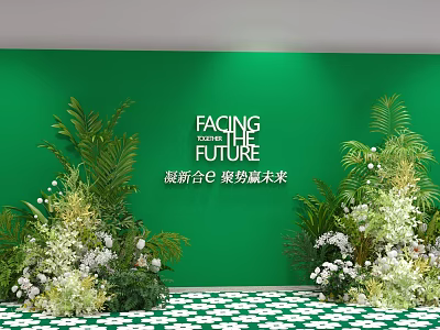 Floral Installation Design With Green Backdrop Wall White Flowers And Lush Greenery 3d model