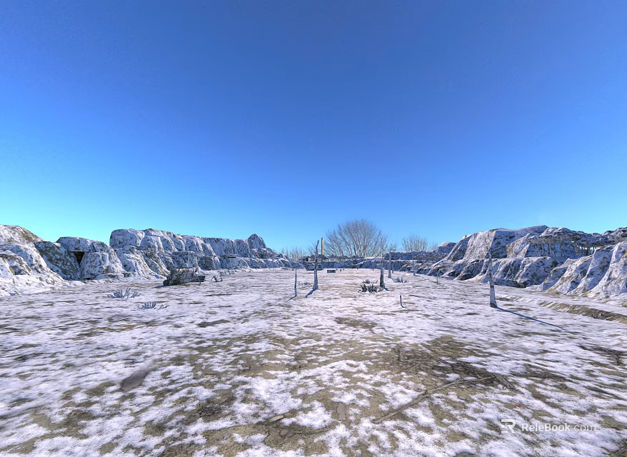Scenic Winter Landscape With Vast Snowy Field Distant Rocky Mountains Blue Sky Leafless Trees And Bare Ground 3d model 