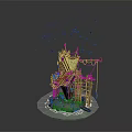 Cartoon Scene with Fantasy Wooden Cottage on Green Base and Flying Birds Around Ropes Pulleys