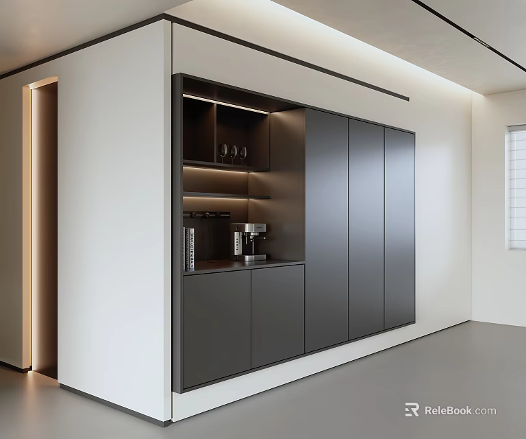Modern Sideboard Design With Dark And White Cabinets Open Shelves And Coffee Machine 3d model 