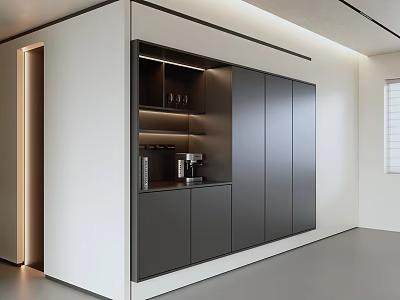 Modern Sideboard Design With Dark And White Cabinets Open Shelves And Coffee Machine 3d model