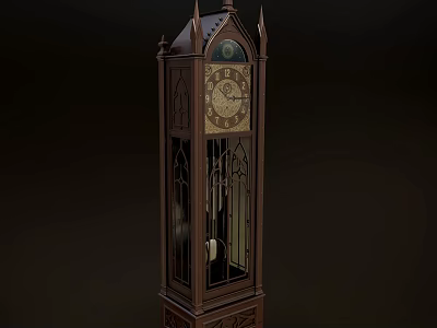 Gothic Style Wooden Grandfather Clock With Carved Details And Gold Accents 3d model